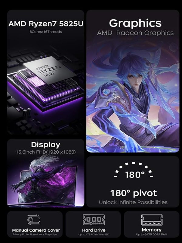 Oferta Relámpagp (Descuento -40% en Amazon)  -KAIGERR Portátil ligero para juegos, 1TB NVMe SSD 16GB RAM computadora portátil con AMD Ryzen 7 5825U (8C/16T, hasta 4.5GHz), portátil Windows 11 de 15.6 pulgadas, gráficos Radeon RX Vega 8, WiFi 6 para creatividad y negocios