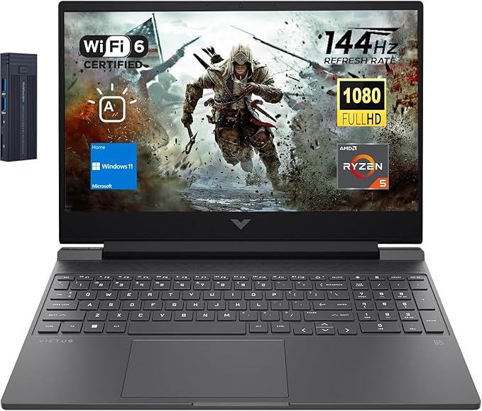 HP Victus 15.6" FHD 144Hz - Portátil para juegos, AMD Ryzen 5 7535HS, Radeon RX 6550M (Beats GeForce RTX 3050), 16GB RAM 512GB SSD, teclado retroiluminado, estación de acoplamiento 256GB 9H, Windows